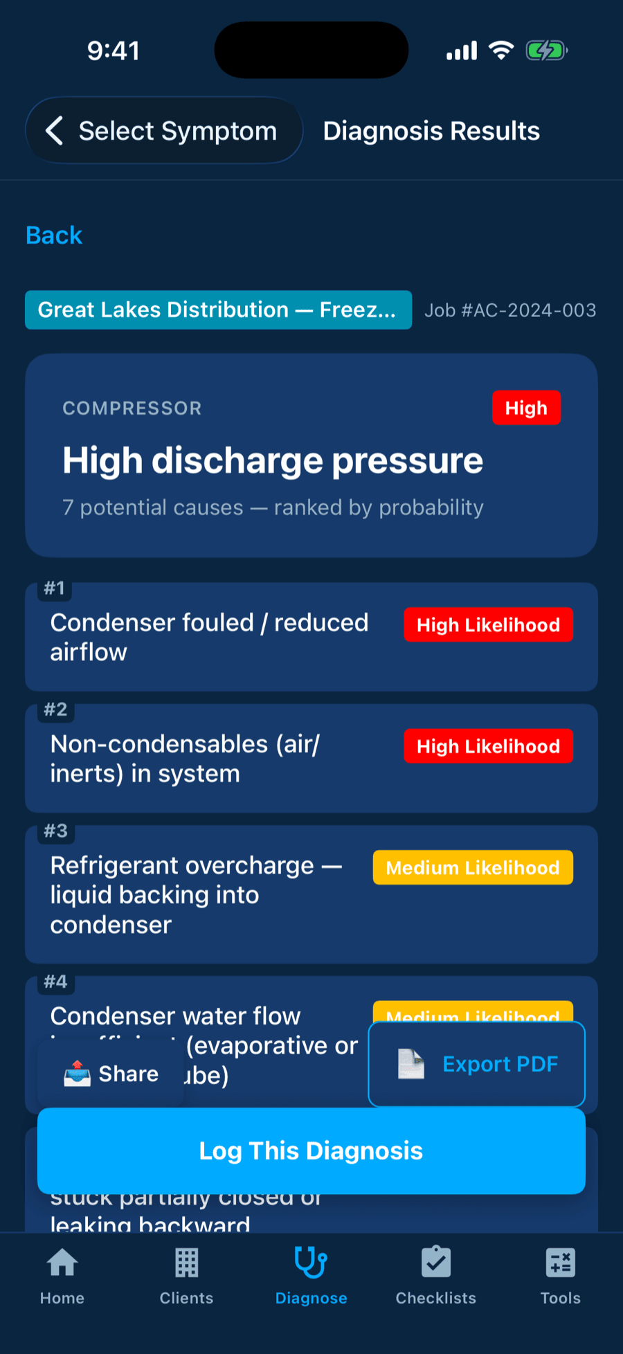 Diagnosis results ranking causes with high, medium, and low probability badges