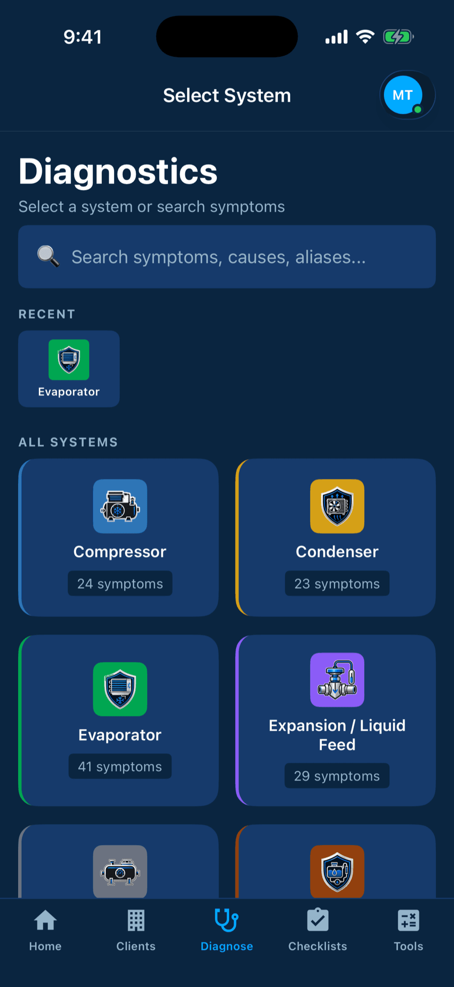 System selection screen listing the sixteen diagnostic systems with recents and favorites