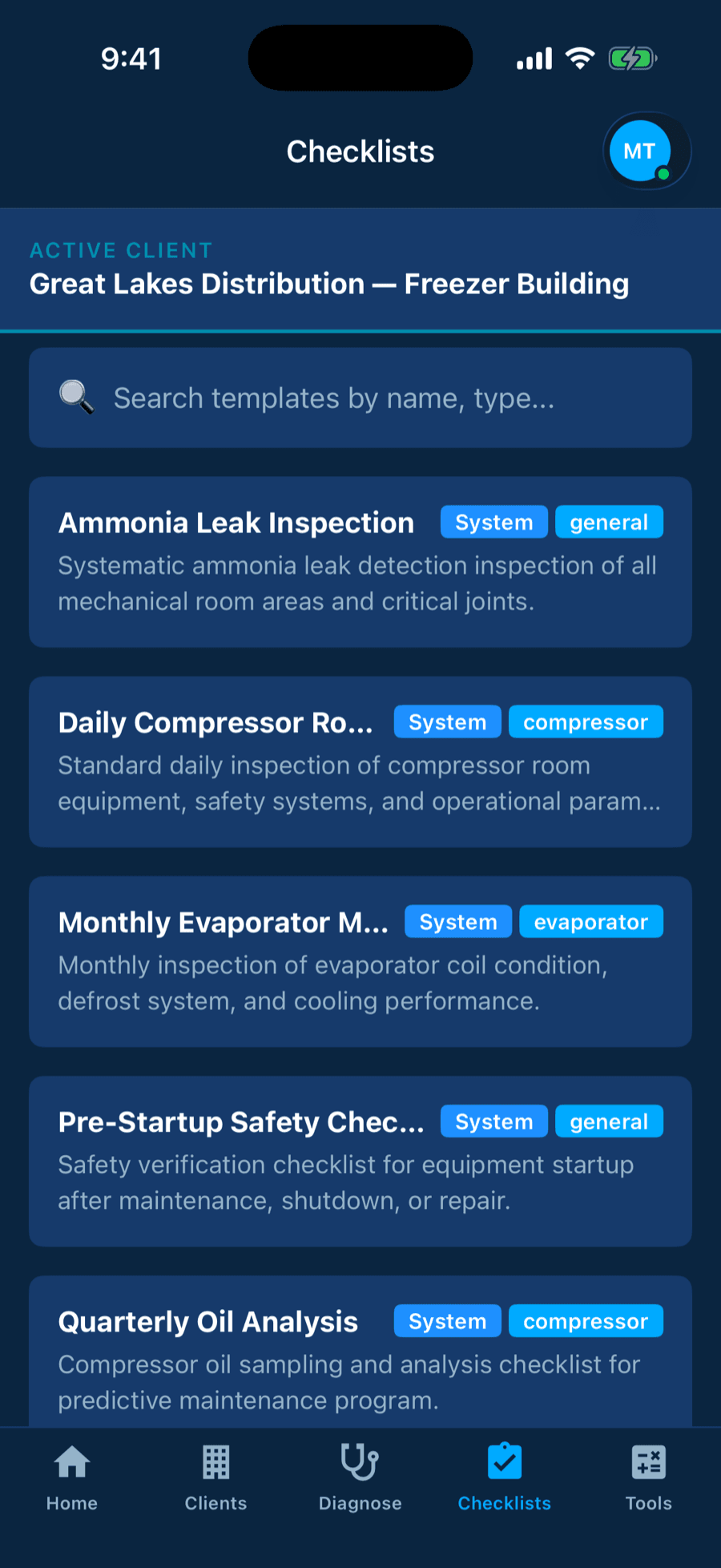 Checklist templates screen with system and custom maintenance templates