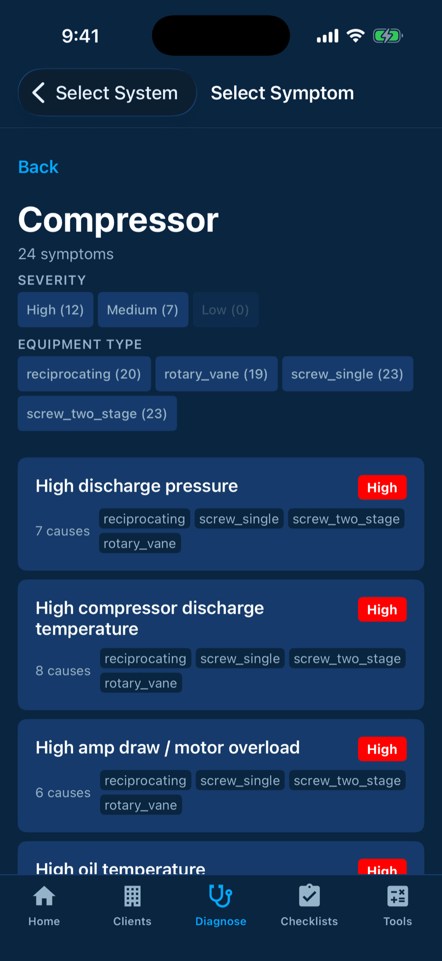 Symptom selection screen with severity badges and equipment filters