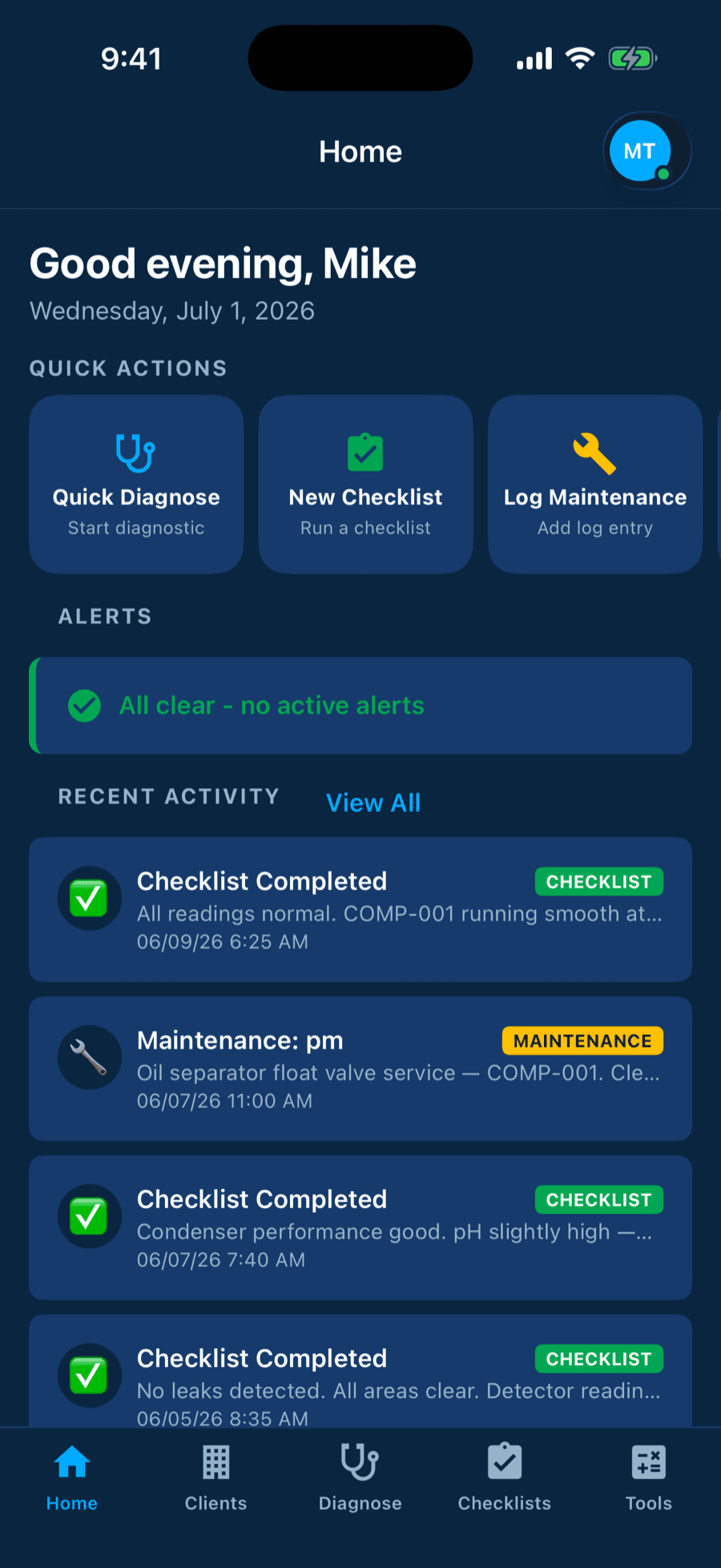 RefriTech Pro home dashboard with quick actions, alerts, and recent activity